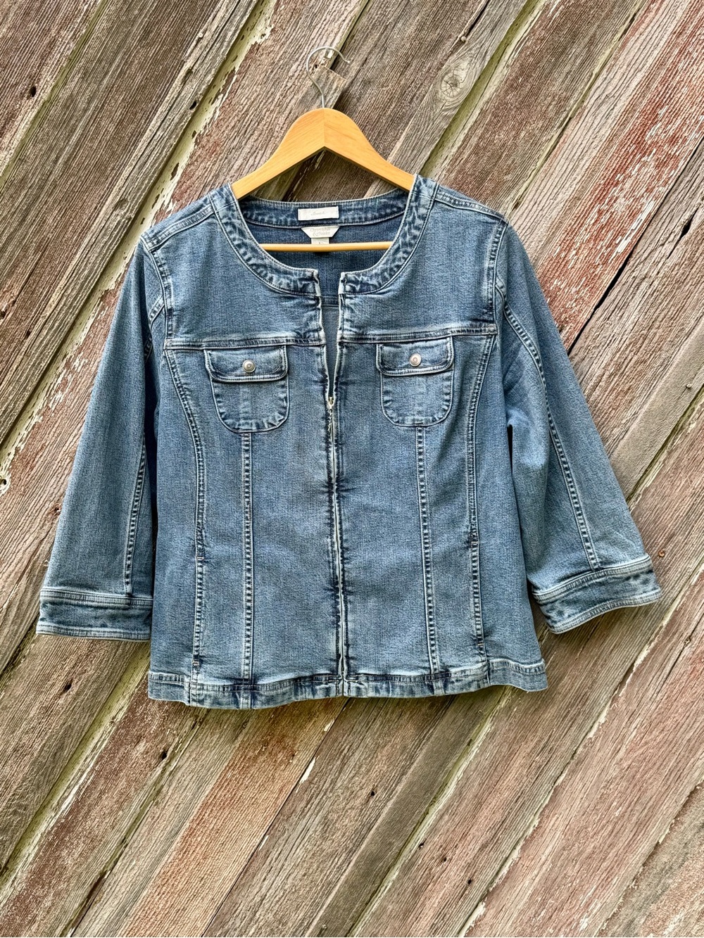 Christopher & Banks Stretch Denim Jacket Large Collarless 3/4 Sleeve Zip Front